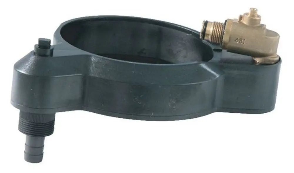 Kugelhahn mit Ablaufring und Anschlüssen, hergestellt von Syr. Das Produkt zeigt eine runde Halterung und metallene Ventilelemente.